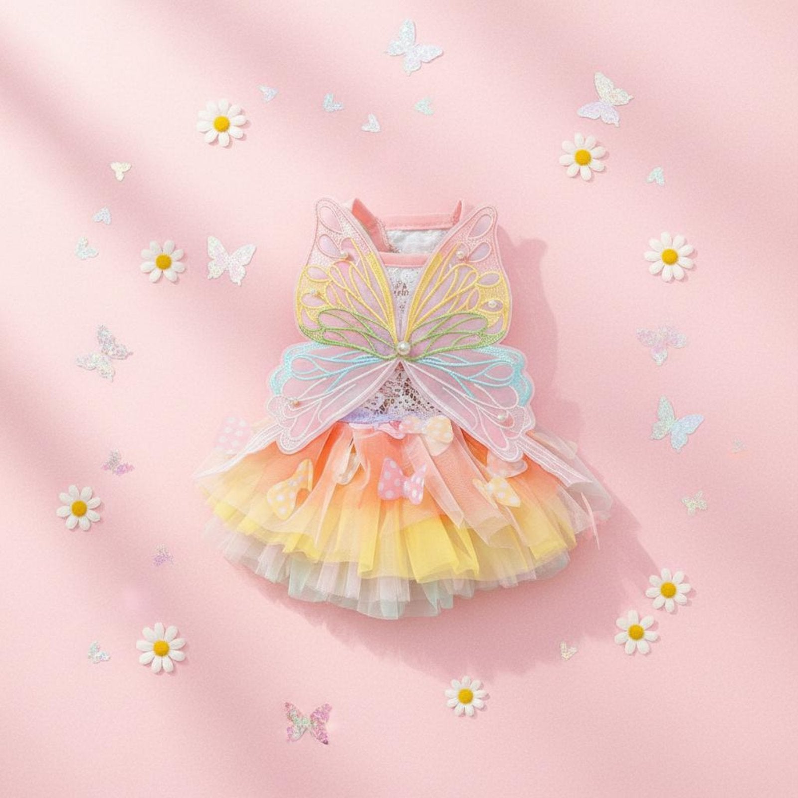 Rainbow Butterfly Pet Dress Pearl Embellished Summer Puppy Tutu for Small Dogs