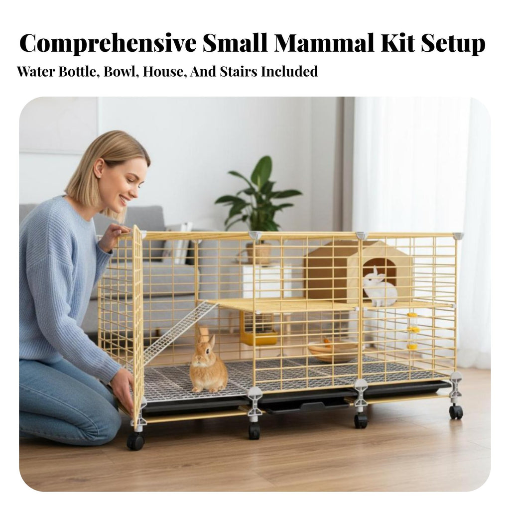 Easy-Clean Tray Indoor Rabbit Enclosure Accessible Able Roof 2-Tier Bunny Hutch Movable Wheels 2-Story Rabbit Hutch DIY Assembly for Families with Pets, Home, Living Room