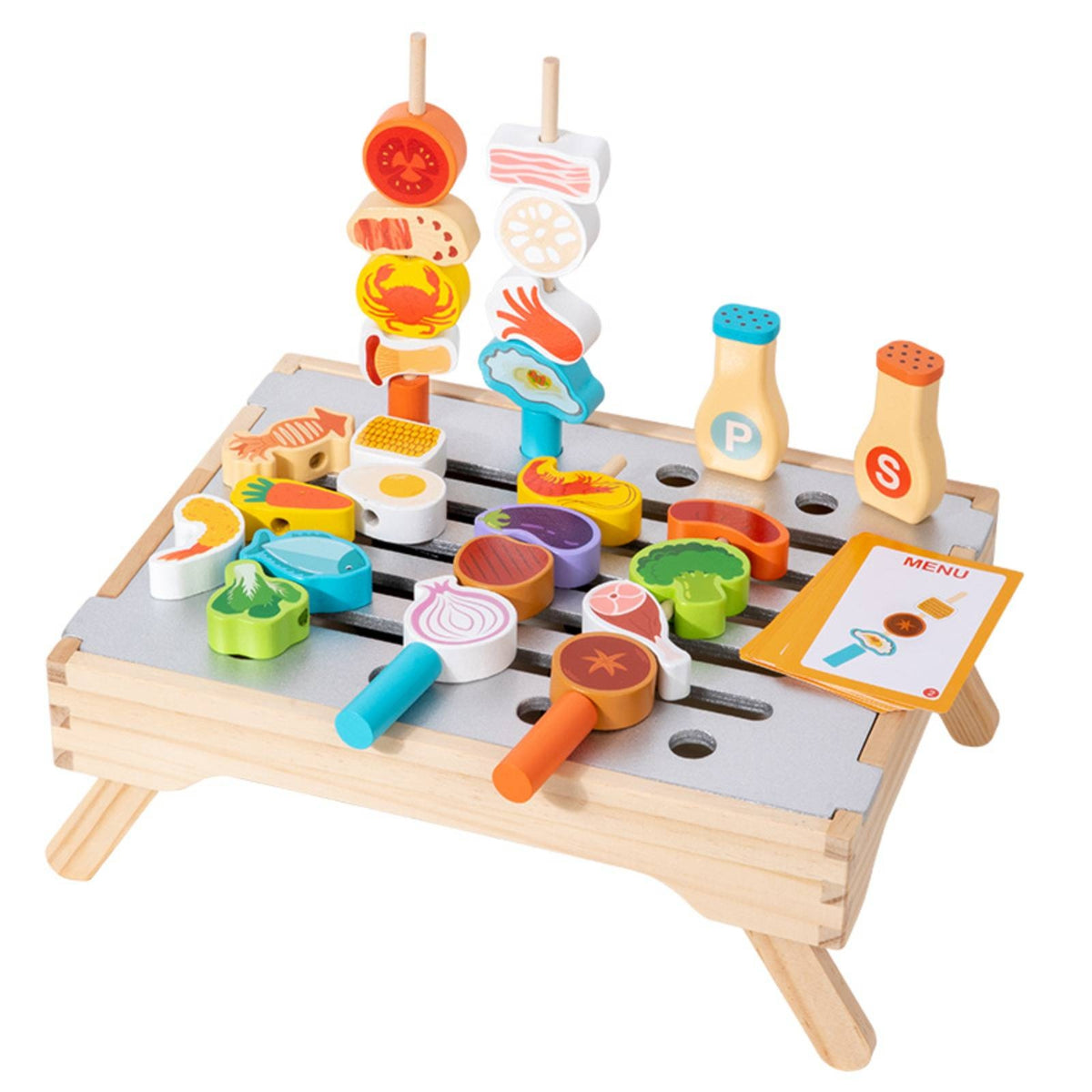 Wooden Grill Playset Slatted Wooden Barbecue Toy Menu Cards for Children