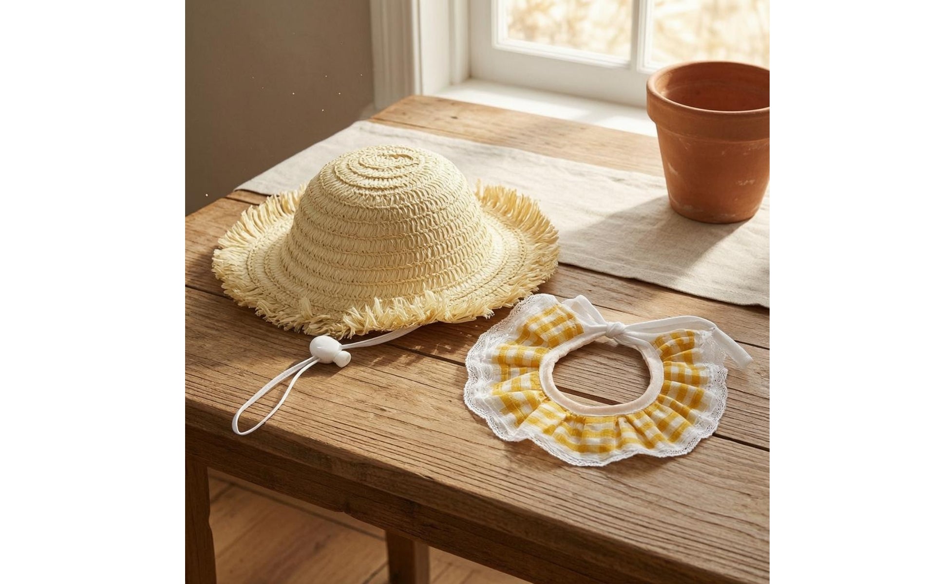 Pet Hat Set Wide Brim Woven Straw Collar Decorative