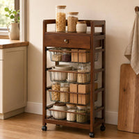 Wood Drawer Basket Trolley Open Frame Rolling Trolley with Drawer Brown Finish