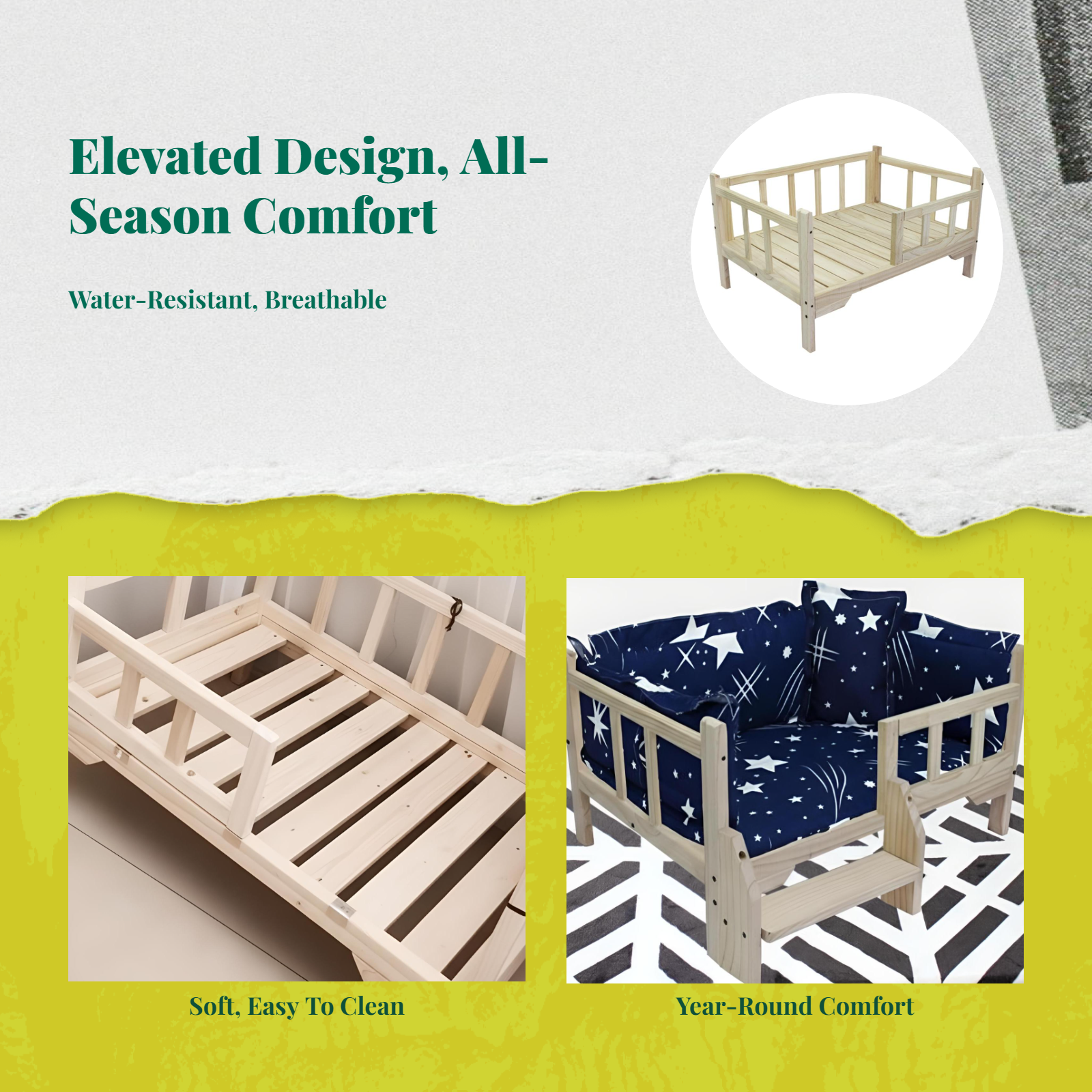 Hardwood pet bed with padded cover
