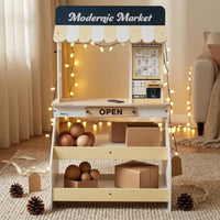 Wooden Pretend Market Stall Freestanding Wooden Market Stall Awning Top Toy Cashier Stand