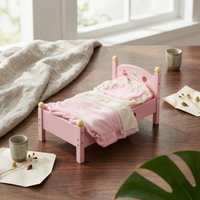 Pink Wooden Doll Bed Curved Headboard Pretend Play Bed Four-Post Small Furniture Strawberry and Rabbit Print for Children