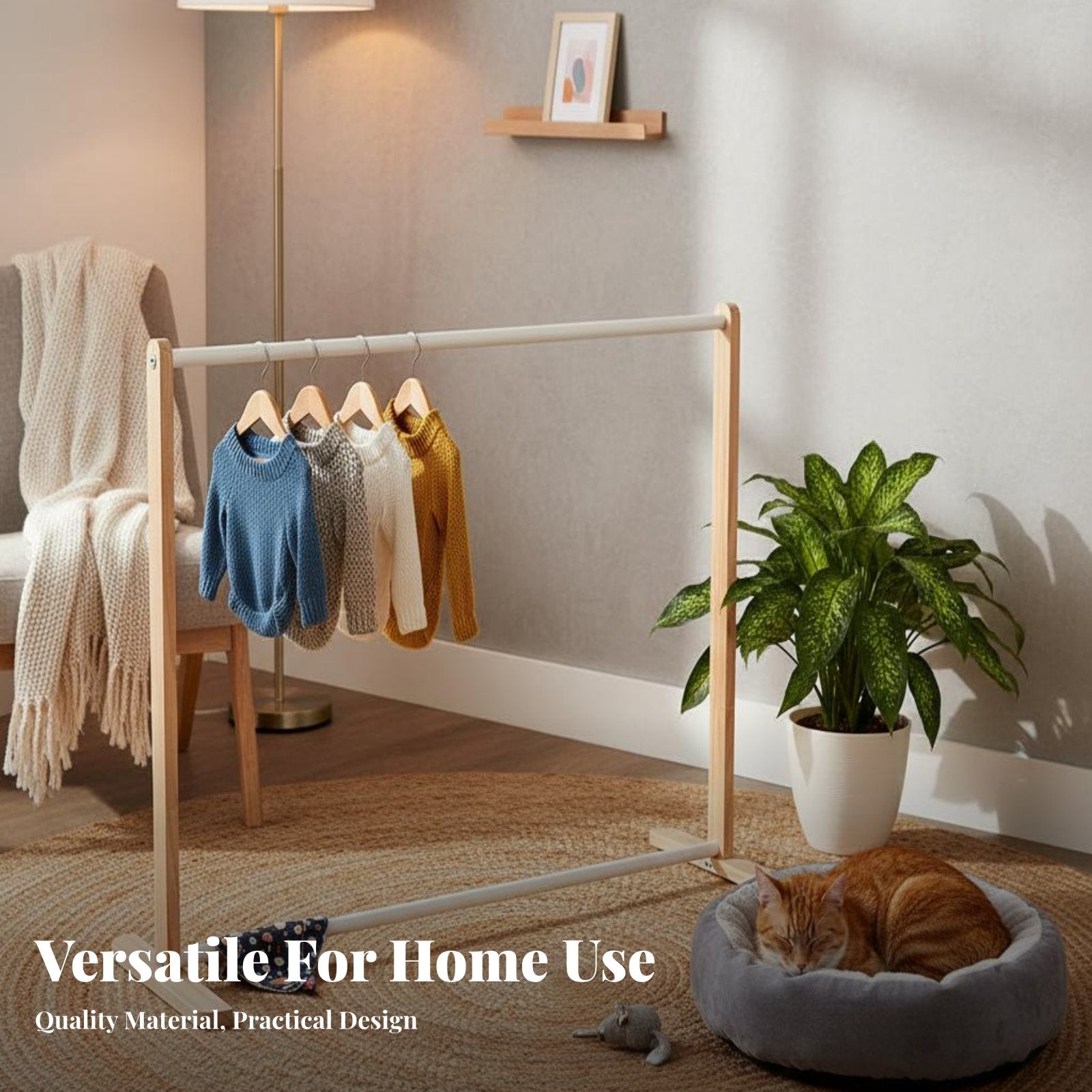 Solid Wood Material Pet Clothes Rack Sturdy Construction Wooden Pet Clothes Stand Stable Design for Parents, Bedroom, Home, Party Decoration