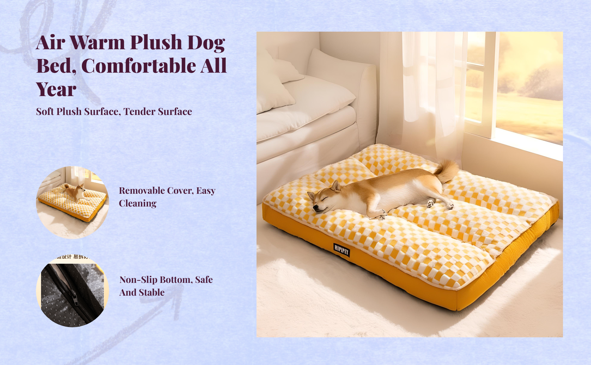 Dog Bed, Orthopedic cleanable Pet Sofa, Removable Cover, Winter Warm Mat for Large Dogs