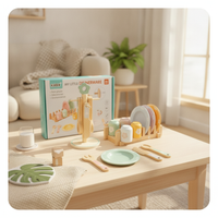 Wooden Dinnerware Set Pastel Painted Play Tableware Set Smooth Rounded Edges Wooden Kitchen Accessories for Kids