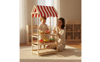 Striped Awning Children's Book and Toy Organizer Natural Wood House-Style Shelf Freestanding Children's Toy Rack Accessible Design