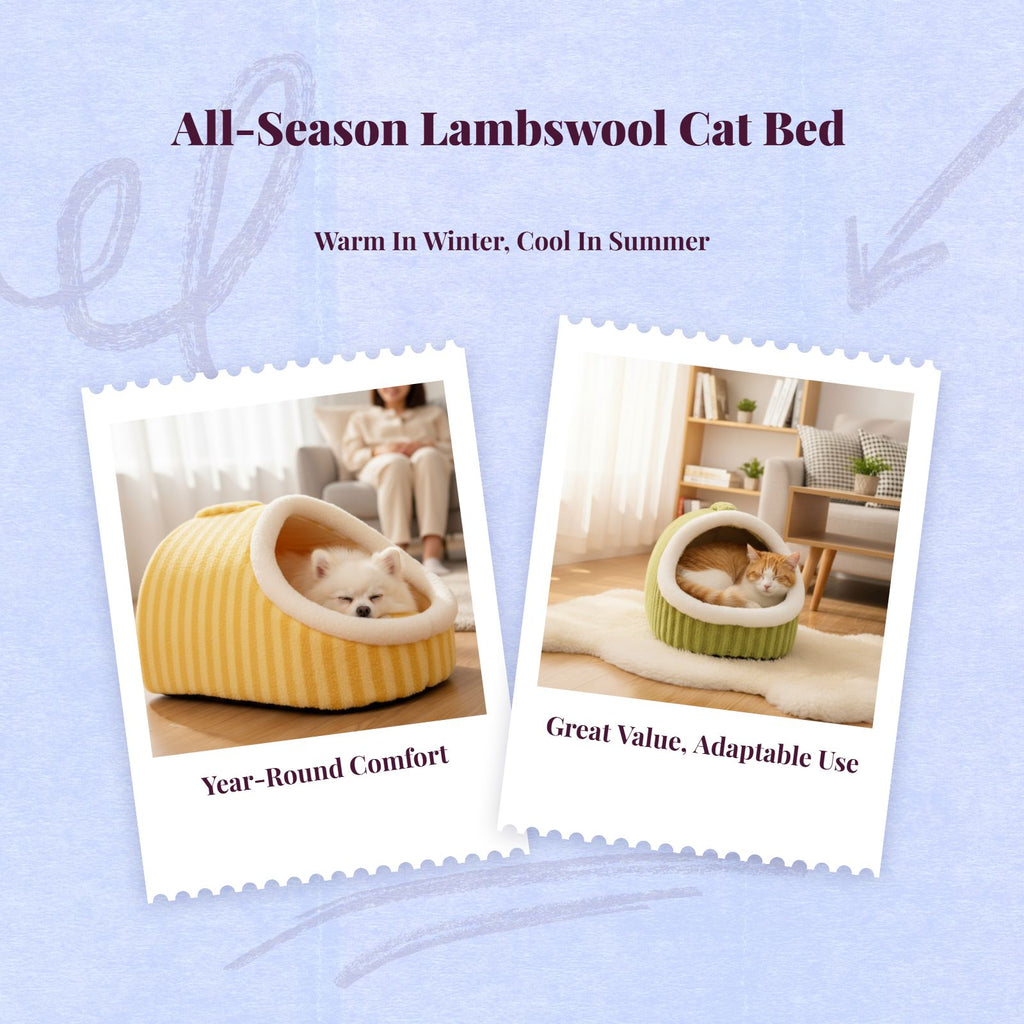 Lambswool cat bed, enclosed, warm.