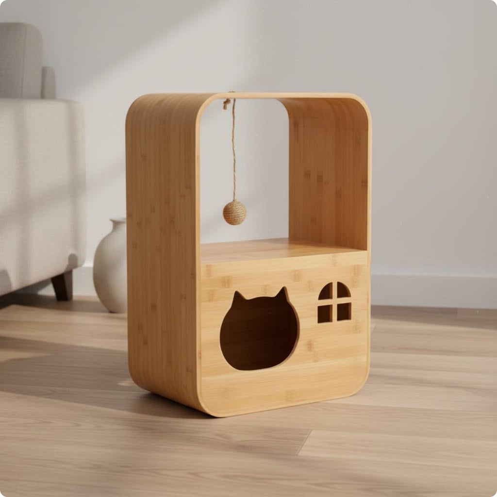 Wooden Cat House Cabinet 2-in-1 Cat Design Condo Cabinet Space-Saving Animal Furniture for Living Room