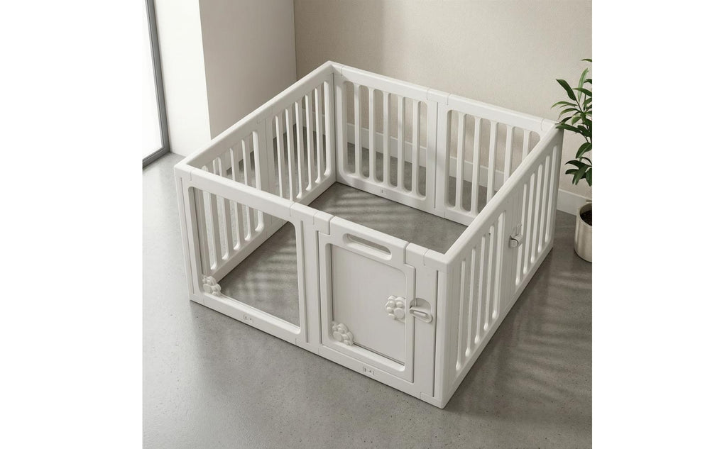White Dog Playpen Fence Plastic Indoor Dog Fence Snap-Together Freestanding Pet Gate Lockable Door for Household Use