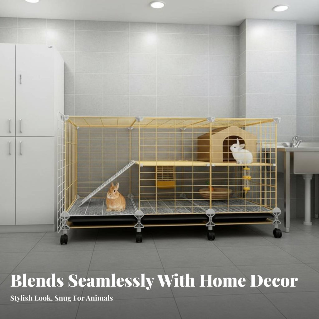 Easy-Clean Tray Indoor Rabbit Enclosure Accessible Able Roof 2-Tier Bunny Hutch Movable Wheels 2-Story Rabbit Hutch DIY Assembly for Families with Pets, Home, Living Room
