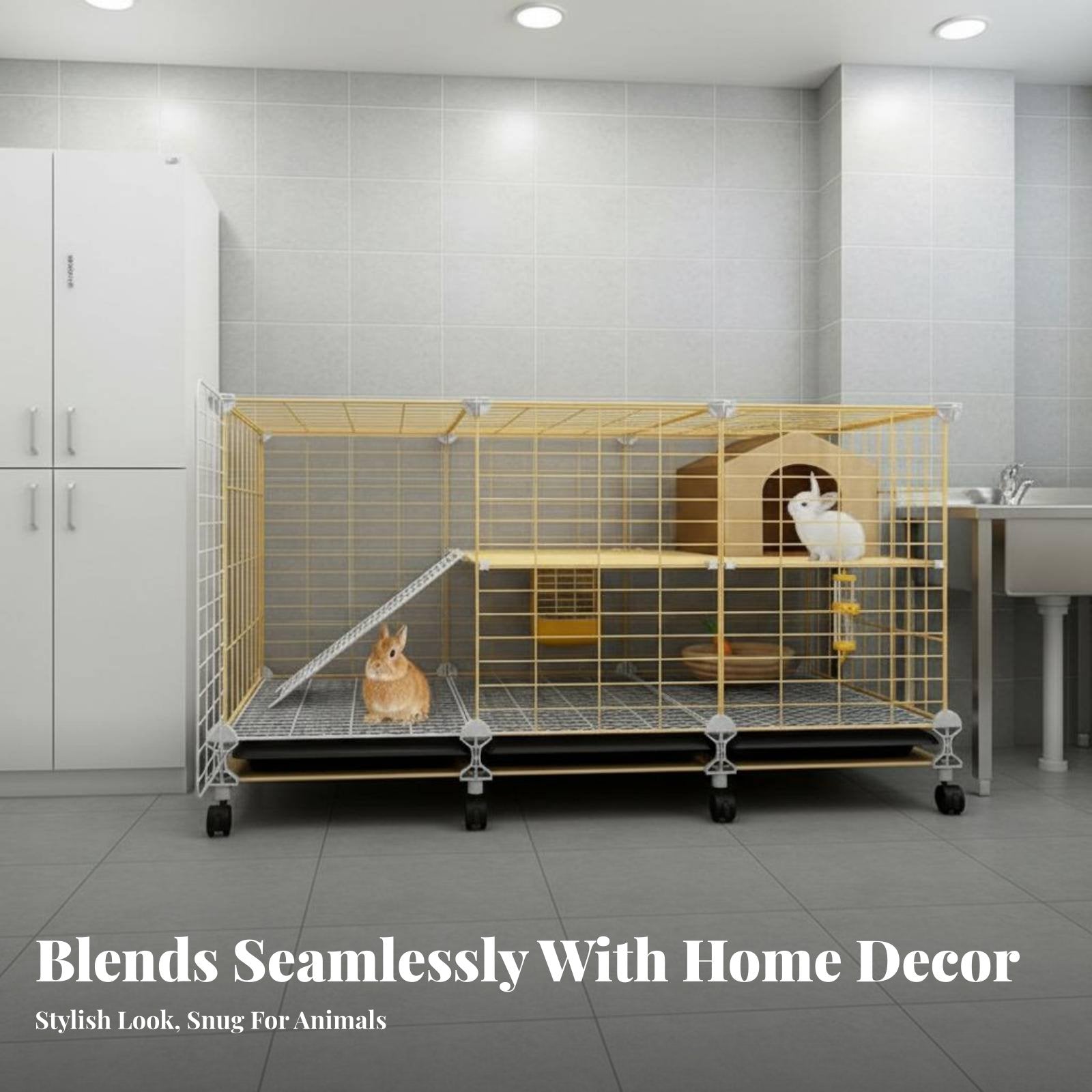 Easy-Clean Tray Indoor Rabbit Enclosure Accessible Able Roof 2-Tier Bunny Hutch Movable Wheels 2-Story Rabbit Hutch DIY Assembly for Families with Pets, Home, Living Room