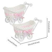 2 Pieces Miniature Pram Favor Basket Pink Ribbon Decorative Mini Pram Basket Adorable Design Rattan Style Infant Decor for Expecting Parents