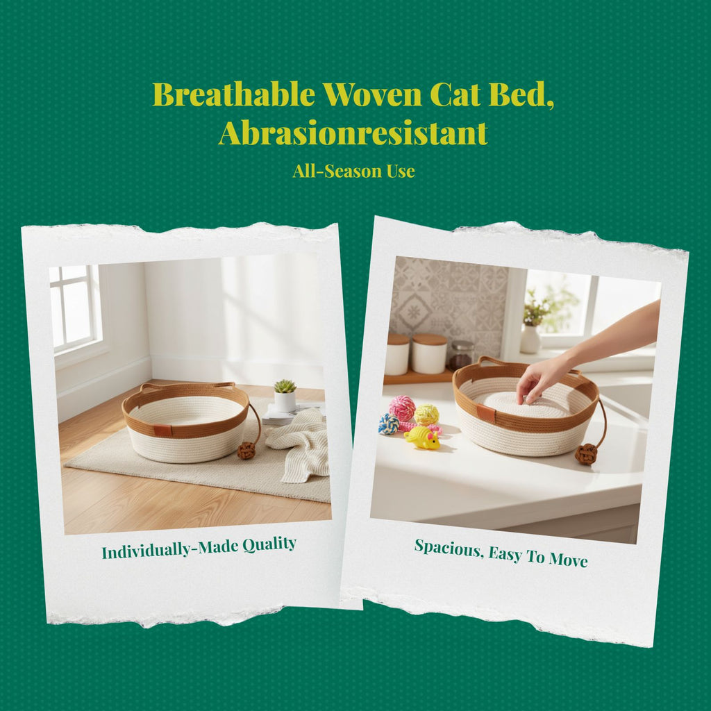 Cat Bed, Woven Basket, All-Season, Scuff-Resistant, Washable