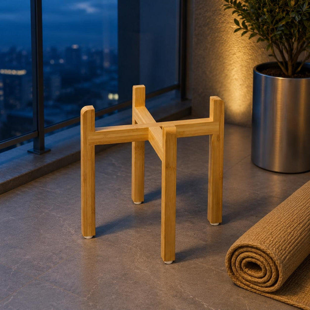 Cross-Brace Bowl Stand Bamboo Finish Wooden Pet Bowl Stand Exposed Design