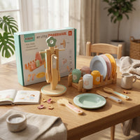 Wooden Dinnerware Set Pastel Painted Play Tableware Set Smooth Rounded Edges Wooden Kitchen Accessories for Kids