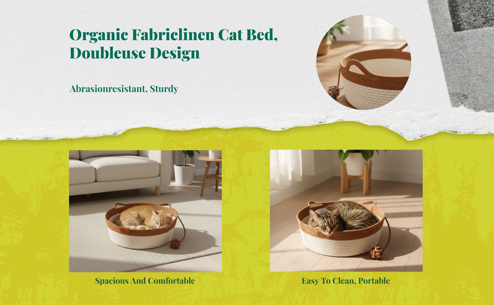 Cat Bed, Woven Basket, All-Season, Scuff-Resistant, Washable