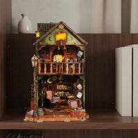 Miniature Library Book Alcove LED Lights Wooden Miniature House set Inviting Atmosphere Display 3D Puzzle House Model for Bookshelf, Desk