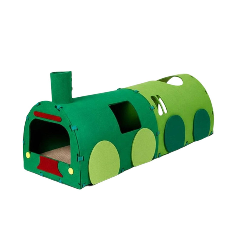 Train Shaped Cat Tunnel 2-in-1 Design Green Train Cat House Multi-Functional Kitten Playhouse for Multiple Cats