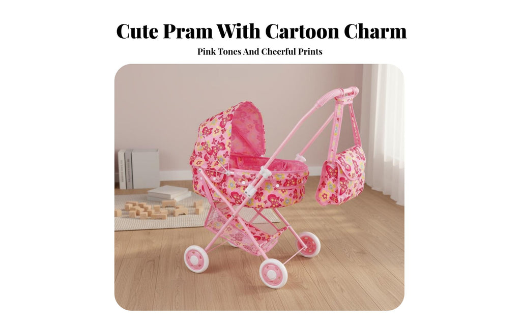 Doll Baby Carriage Realistic Design Foldable Doll Pushcart Toy Pram Child Safe Play Pushcart Lightweight for Young Children