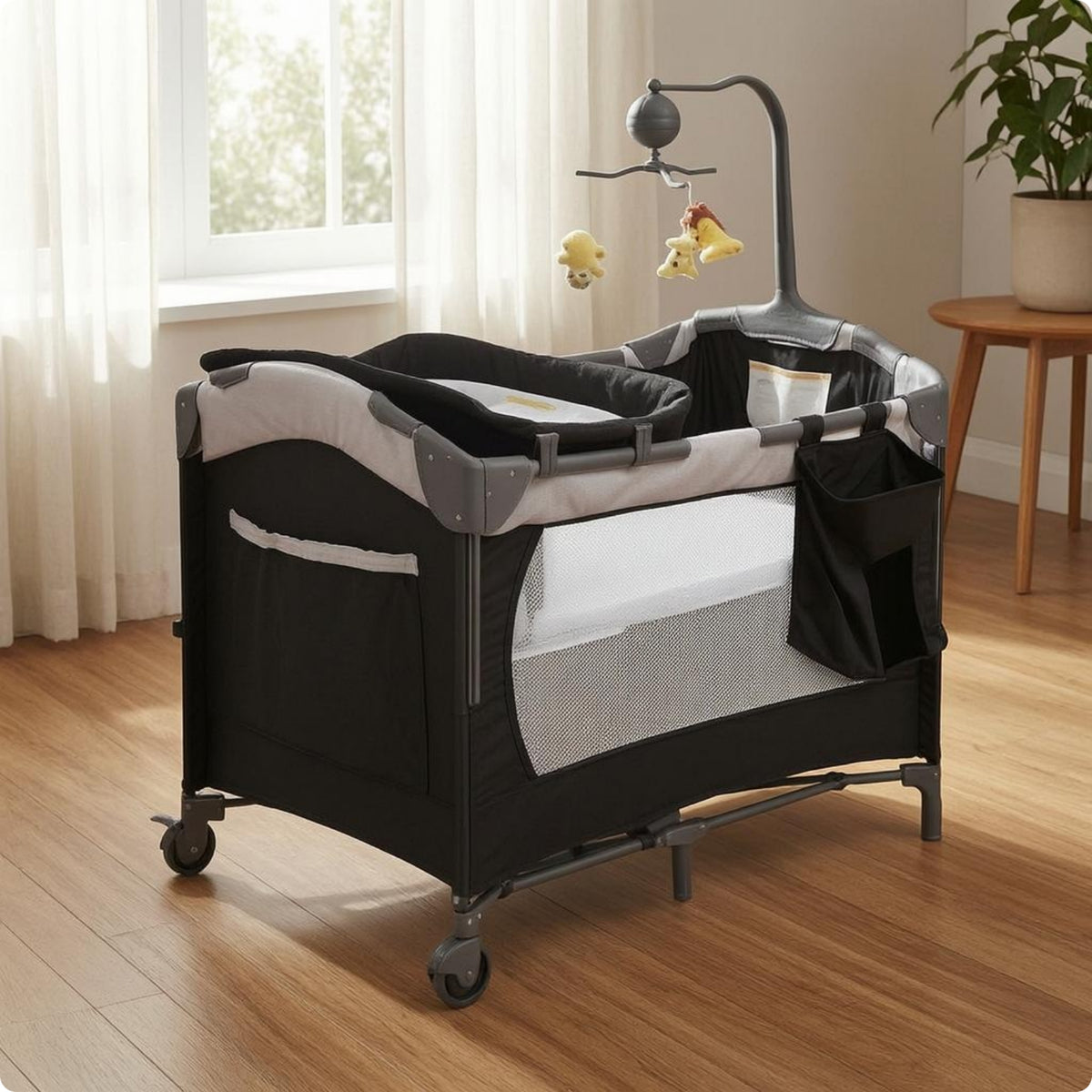Foldable Baby Bed Music Toy Arch Baby Bed with Wheels Includes Mattress