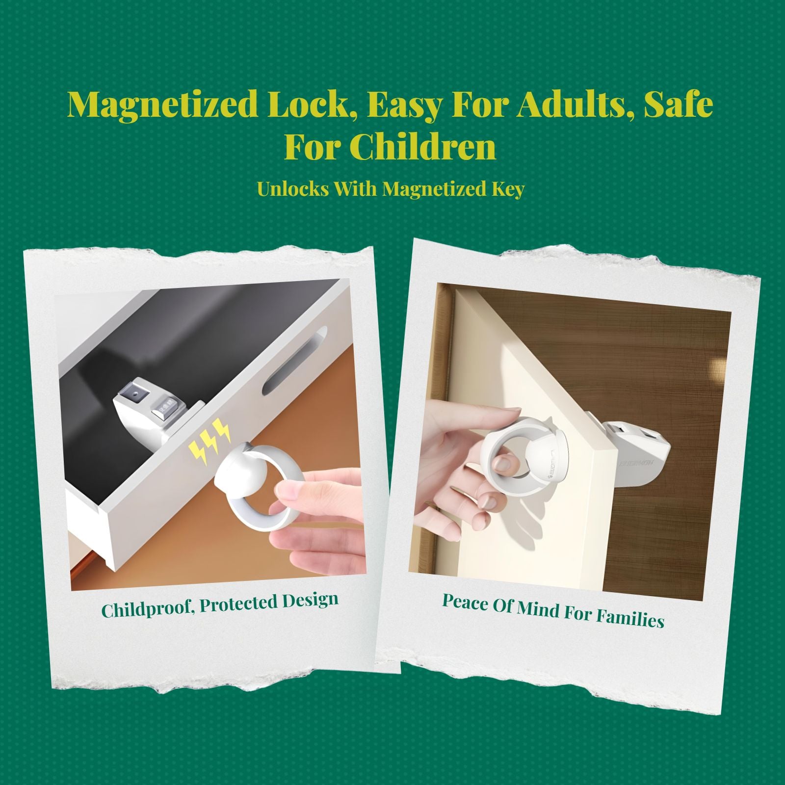 Attractive toddler childproof locks, discreet toddler protection cabinet fasteners, no-drill sticky backing for drawers, cupboards, kitchen, and home.