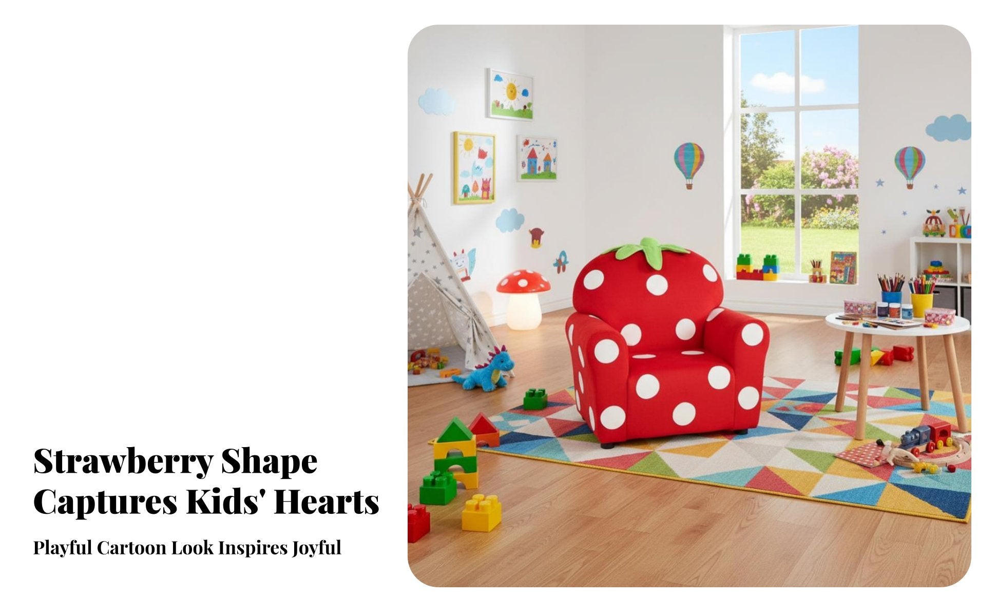 Strawberry-Shaped Chair Cartoon Design kids' Furniture Soft Upholstery Sturdy Frame for Girls, story Corner, Playroom, Bedroom
