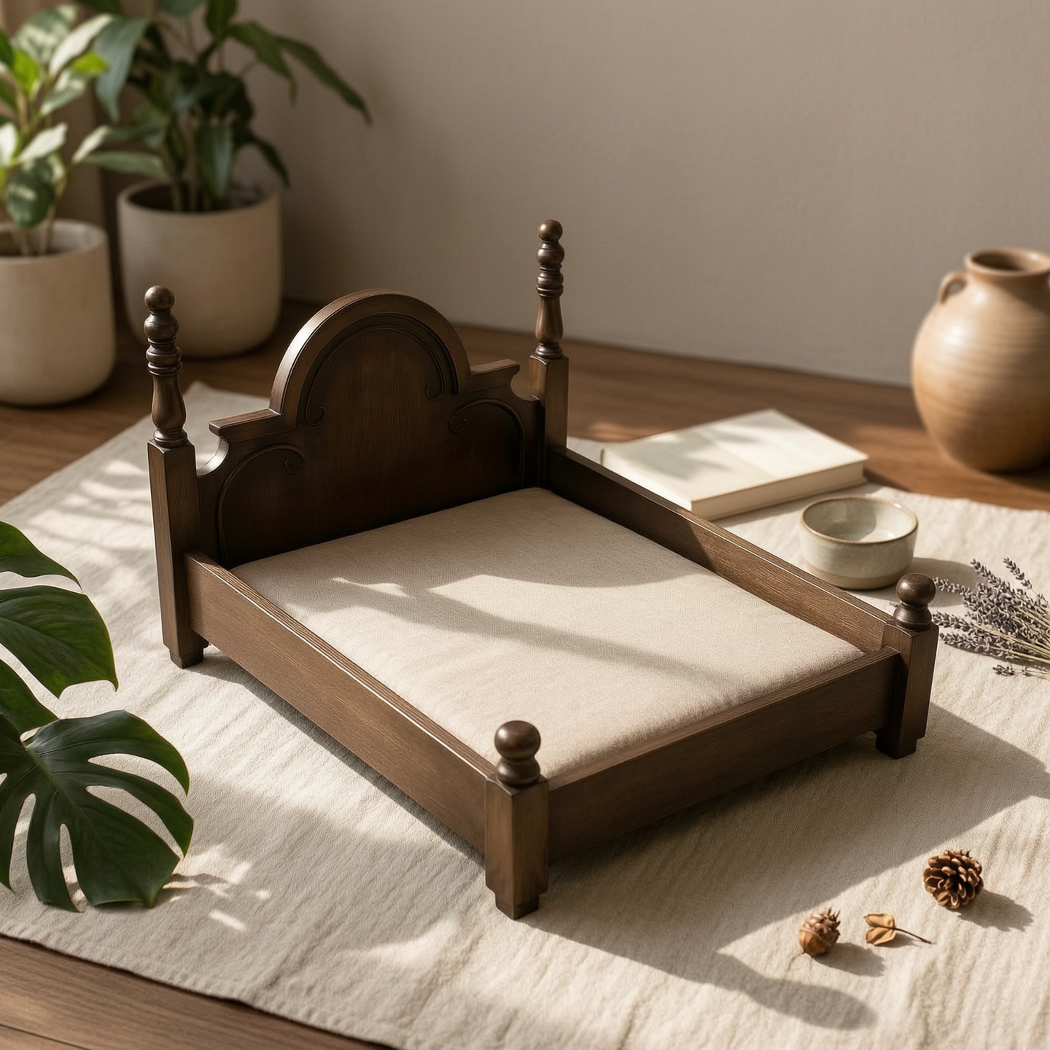 Solid Wooden Cat Luxury Bed Look Solid Wood Dog Bed Double-Sided Cushion Animal Furniture for Dogs