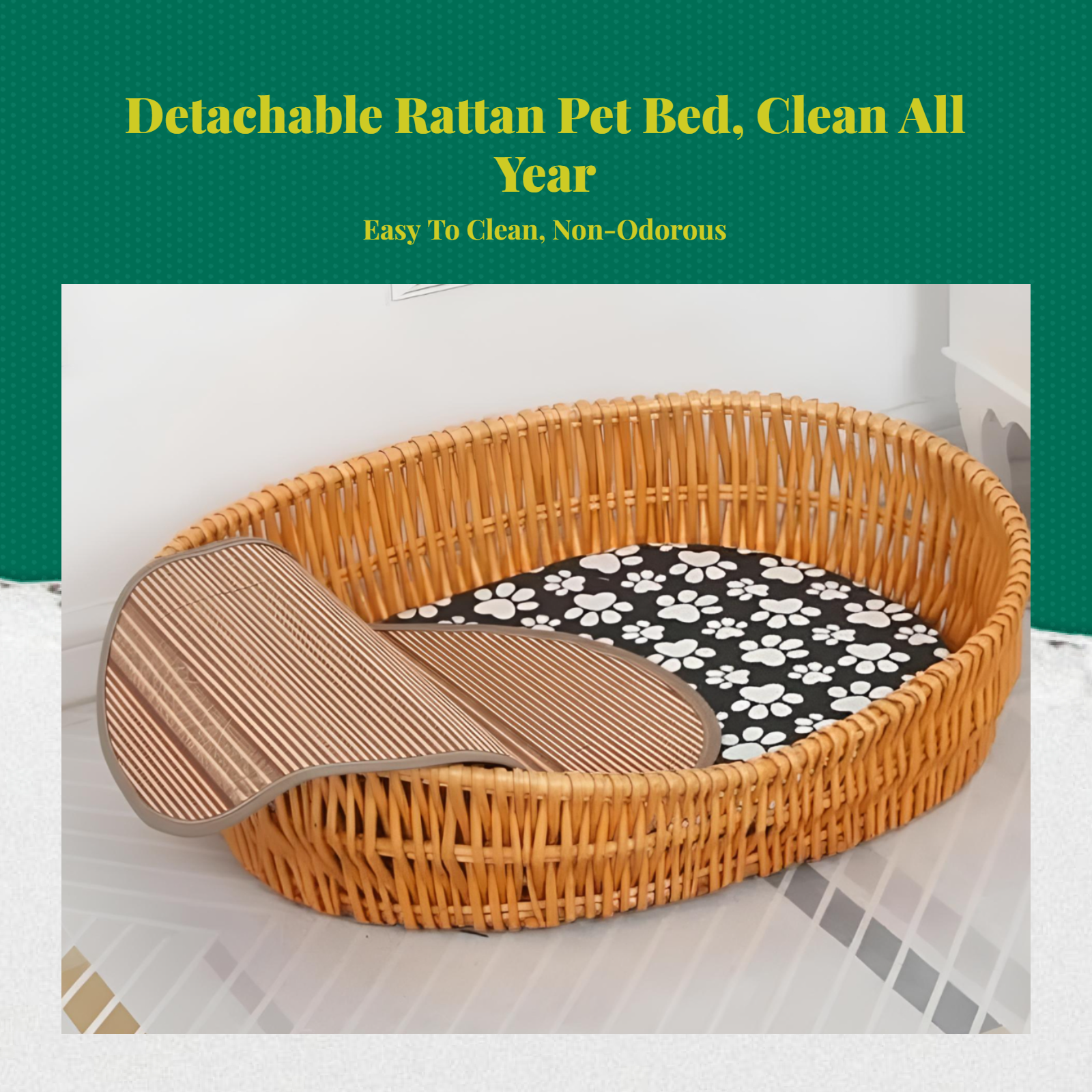 Rattan pet bed with removable, breathable pad