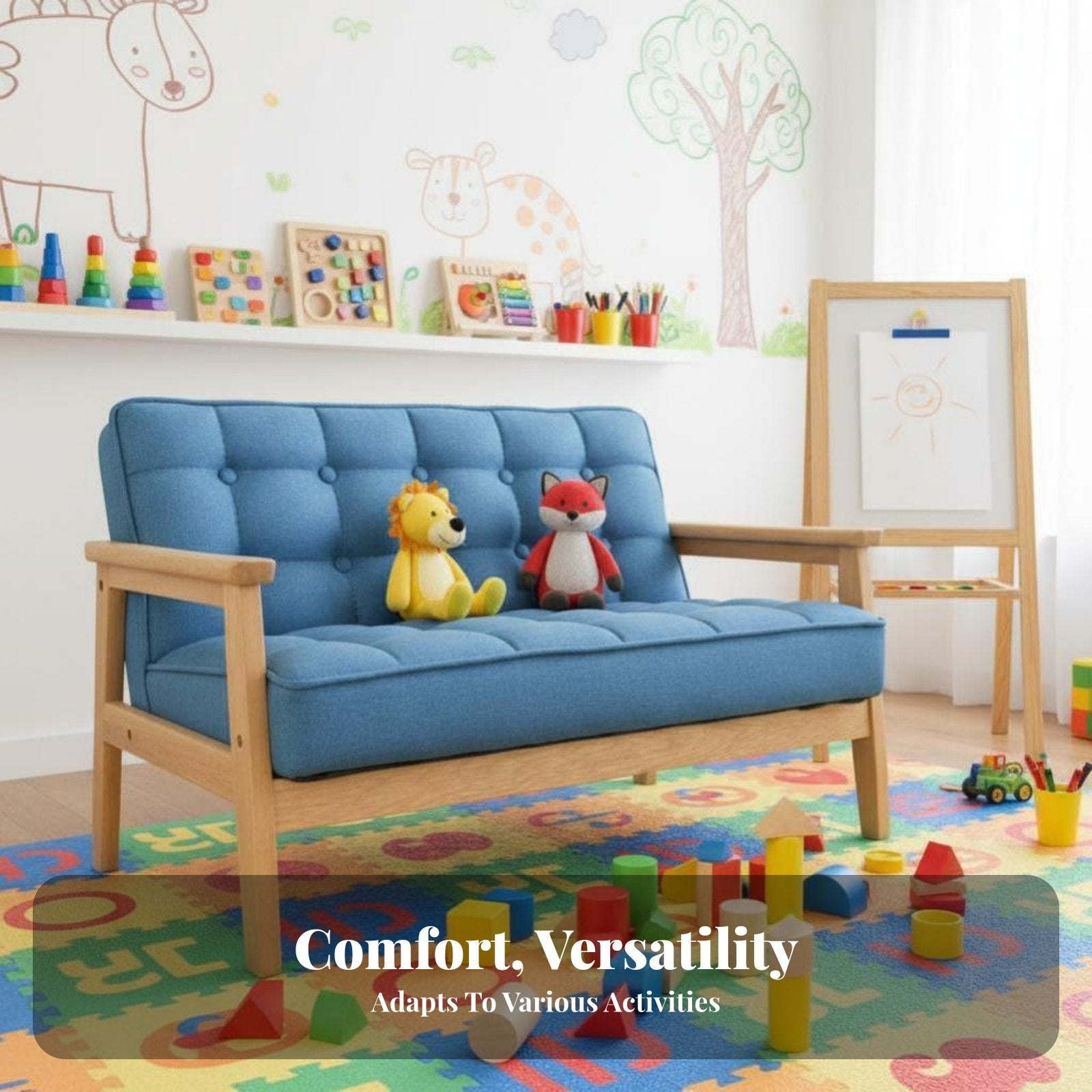 Double Children's Bench Sturdy Wood Frame Toddler Sofa 2-Seater Photography Prop for Toddlers, Babies, Playroom, Daycare