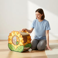 Floral Cat Scratcher House 2-Tier Cardboard Cat Lounger Includes Suspended Toy Corrugated Scratch Pad for Multiple Cats