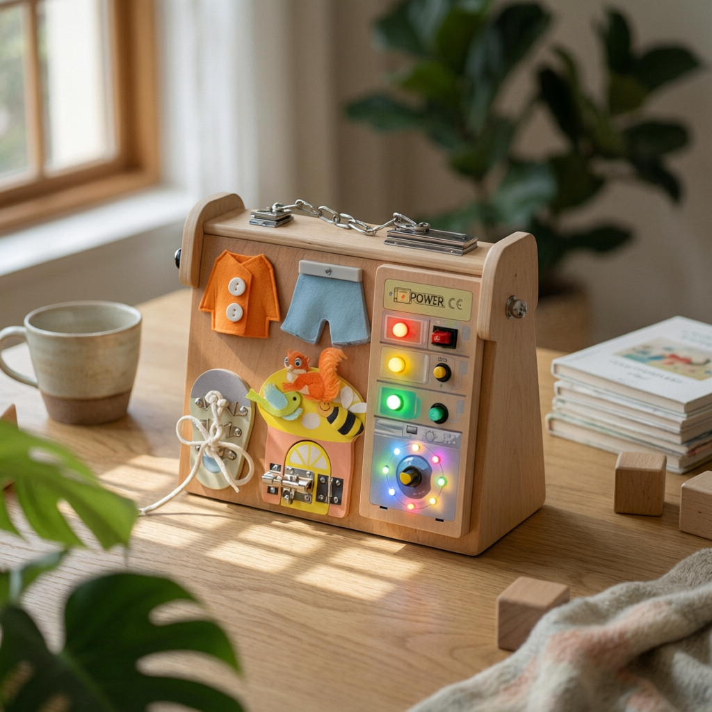 Four in a Busy Board Fine Motor Skills LED Busy Board Hand-Eye Coordination for Kids, Playroom, Car Ride