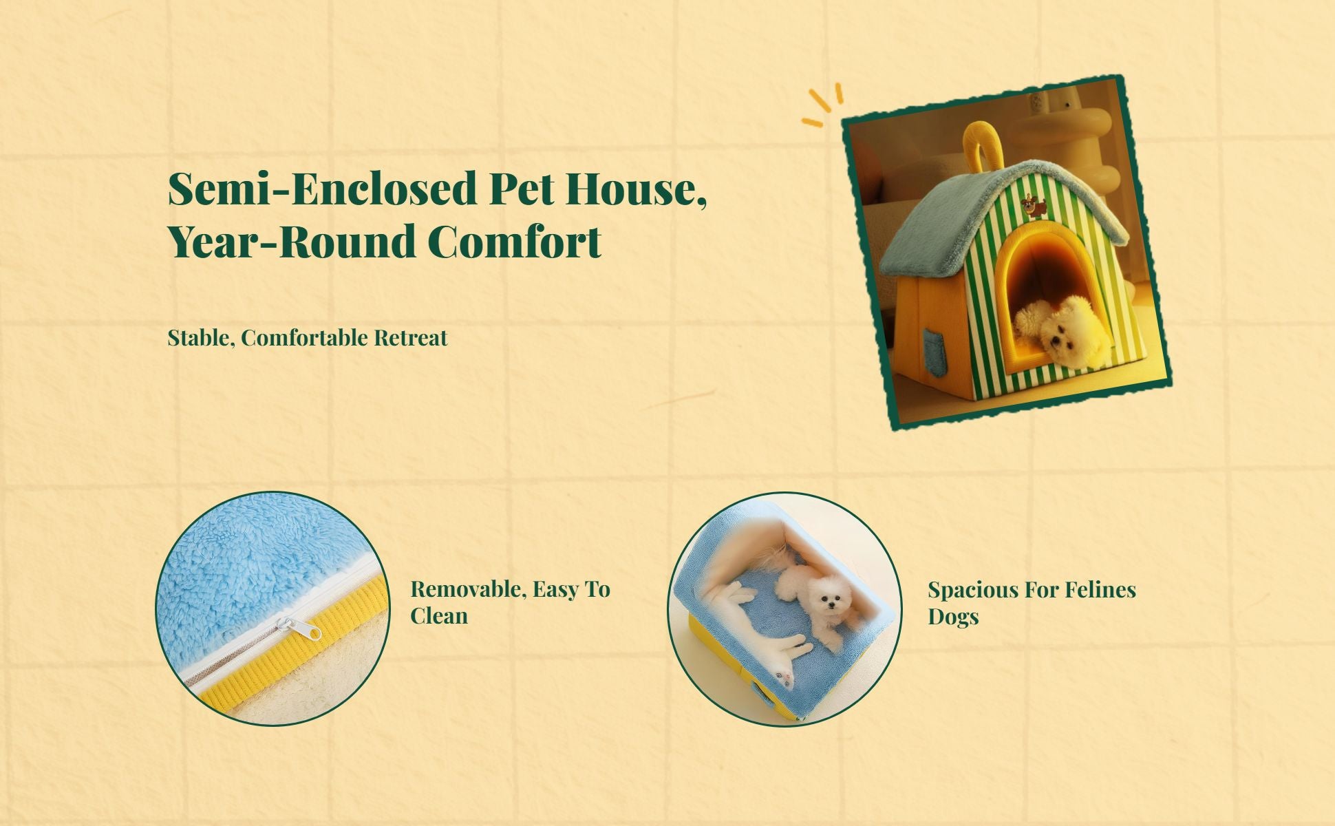 All-Season Pet Bed, Semi-Enclosed Cat House, Removable Pad