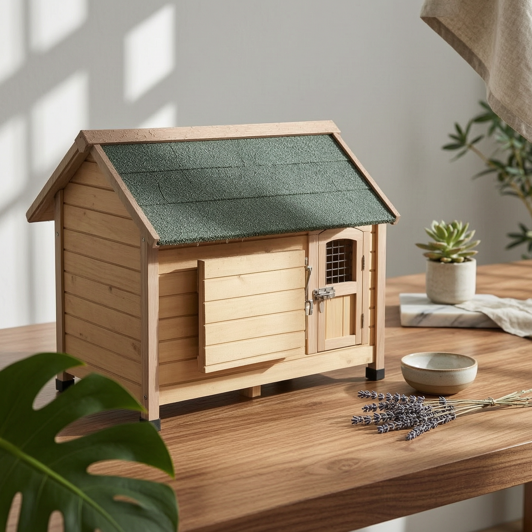Wooden Dog House Hinged Awning Gabled Rooftop Dog House Slatted Construction for Indoor