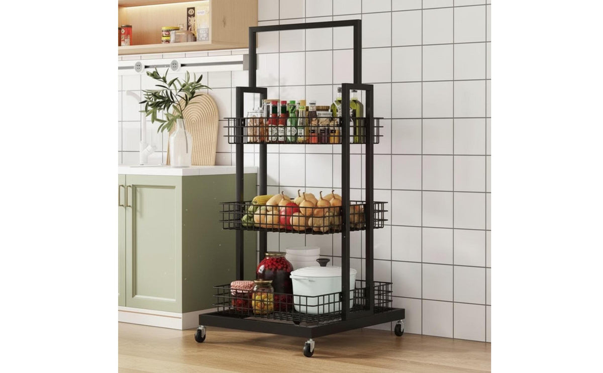 Mobile Snack Display Stand Large Capacity Multi-Tier Floor Standing Shelf 3-Tier Rolling Storage Cart Sturdy Duty for Bedroom