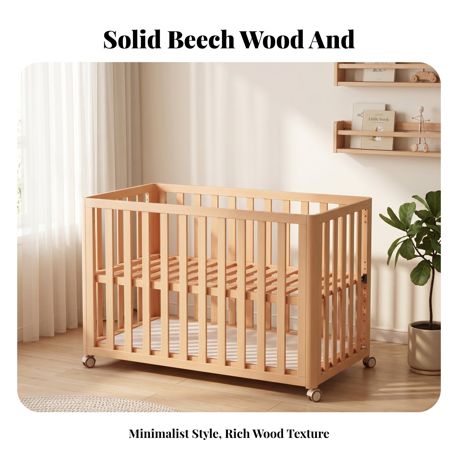 Infant Crib Beech Wood Adjustable Crib Casters for Infants, Young Children