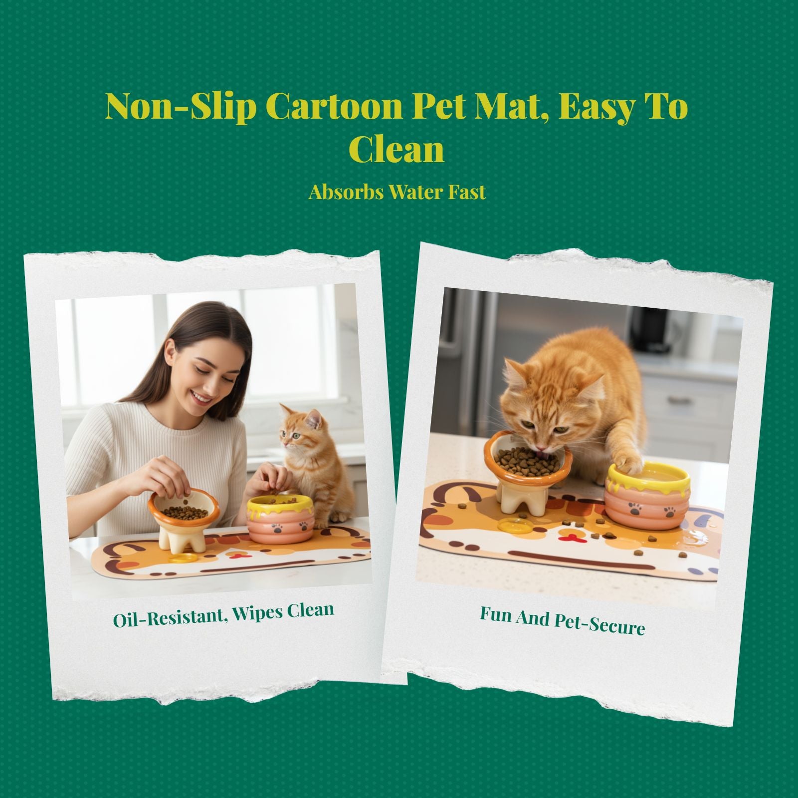 Cat Feeding Mat, Non-Slip Diatomaceous Earth Pet Food Mat, Absorbent, Quick Dry, Protects Floors, Easy to Clean, Prevents Spills, Pet Placemat for Messy Drinkers, Non-Slip Base, 18 x 12 inches