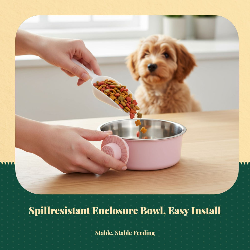 Pet Food Bowl, Hanging Stainless Steel Dog Cat Feeder, Leak-Resistant Automatic Water Dispenser, Fixed for Enclosures