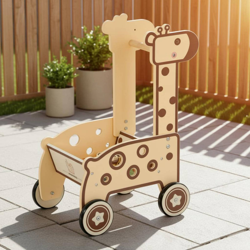 Wooden animal Pusher Educational animal Shopping Cart Sturdy Wood Wooden Shopping Cart for Walking Practice