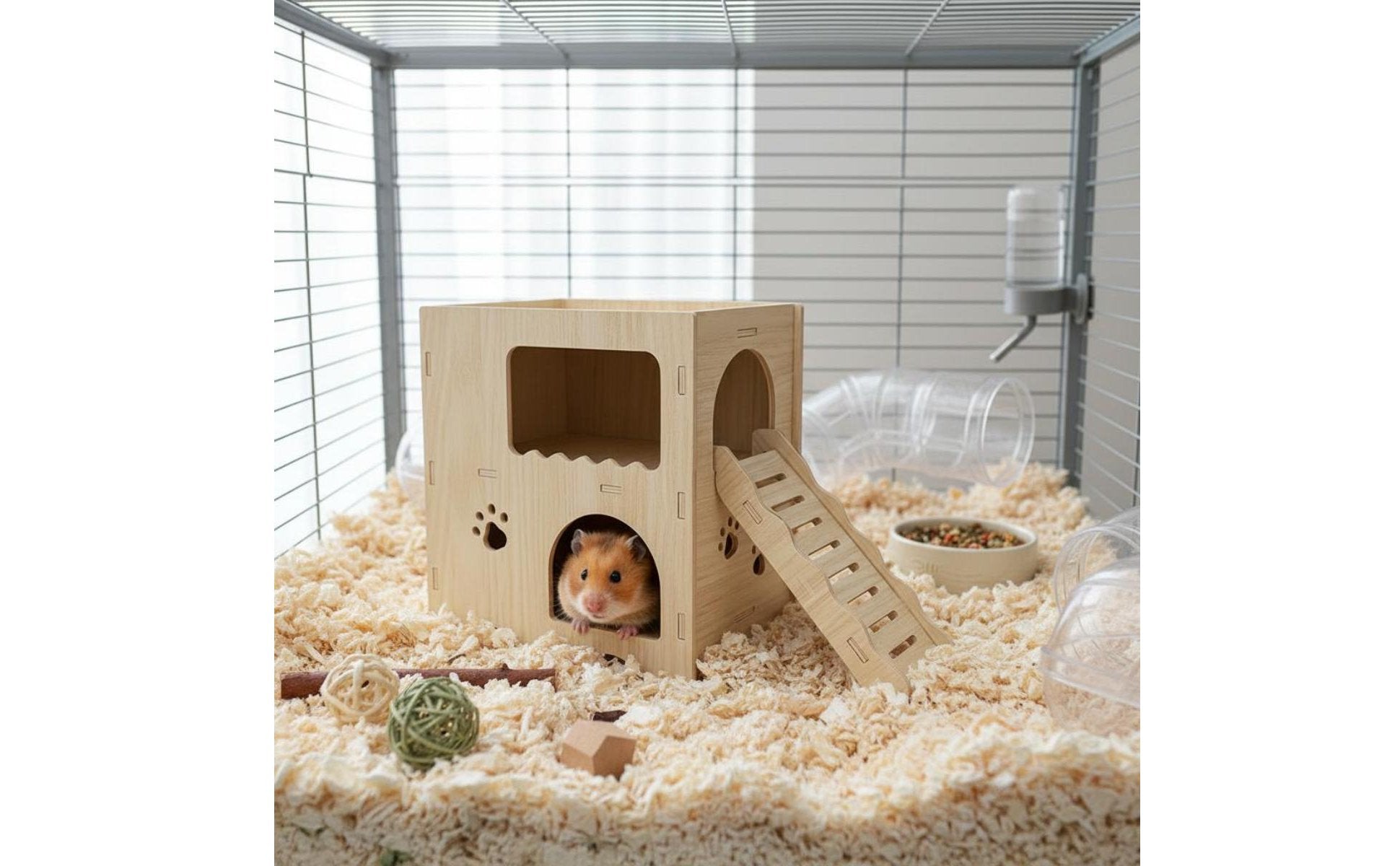 2-Story Hamster Hideout Solid Wood Wooden Hamster House with Ramp Easy Assembly