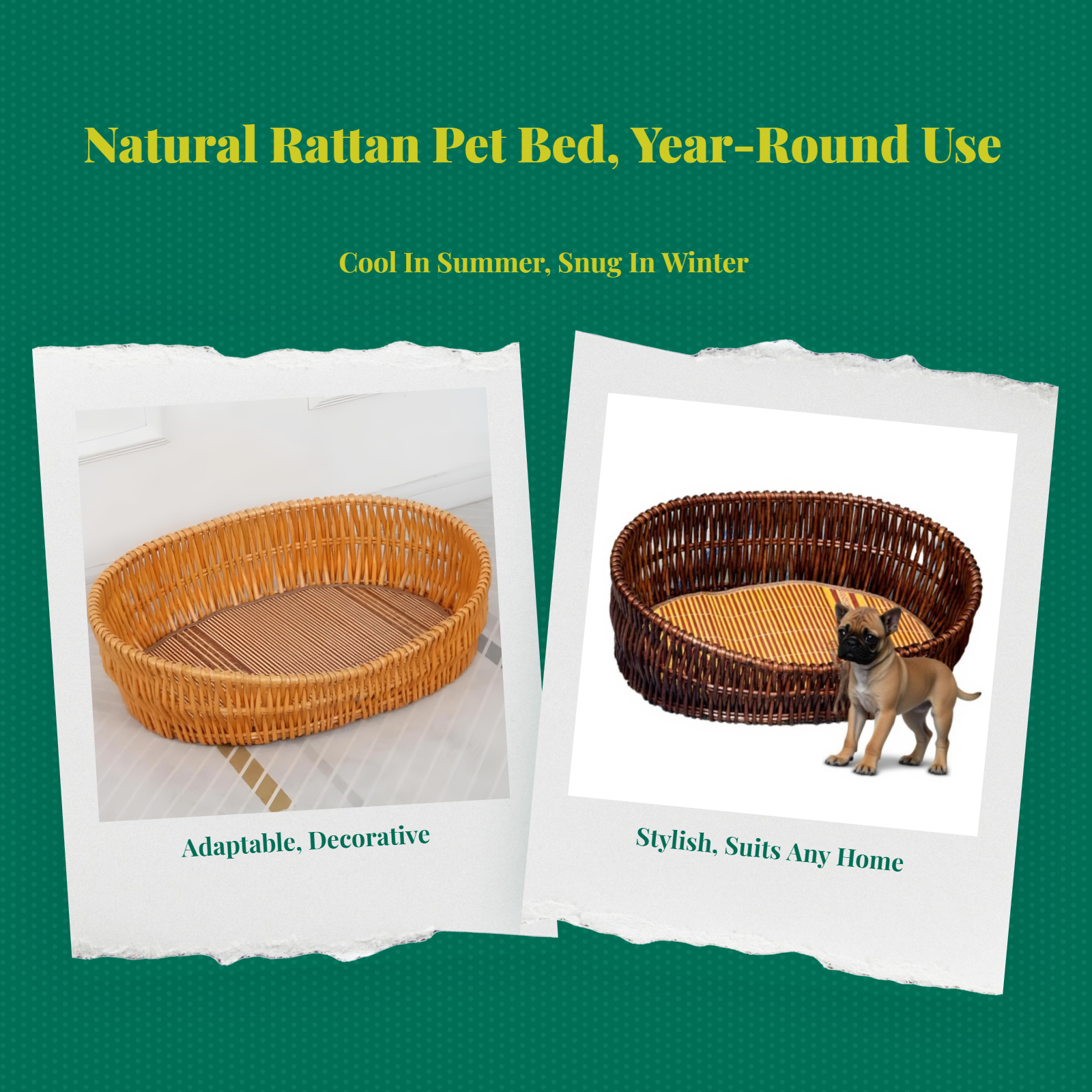 Rattan pet bed with removable, breathable pad