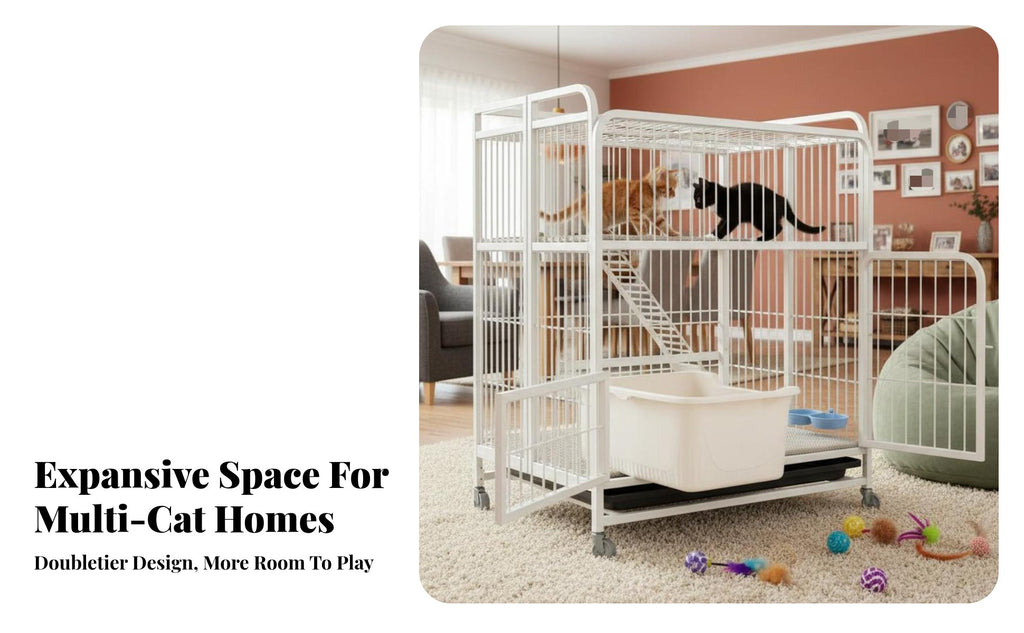 3-Tier Foldable Cat Kennel Integrated Litter Box Multi-Level Cat Crate Large Space Spacious Interior for Indoors, Home, Bedroom