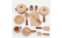 15 Pieces Pretend Play KitchenSet Brown Accents Wooden Cookware Playset Smooth Rounded Edges Kids Cooking Playset for Children