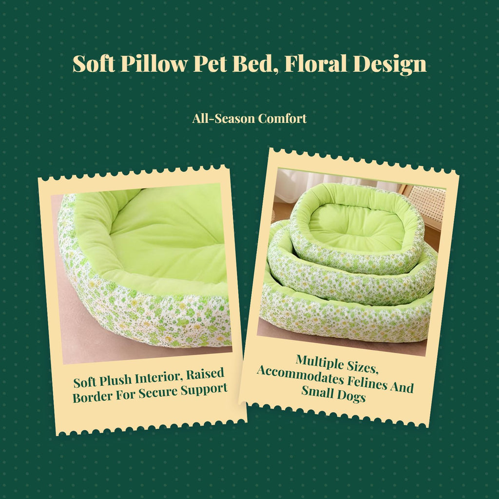 Plush Round Pet Bed, Auto-Warming, Floral Pattern