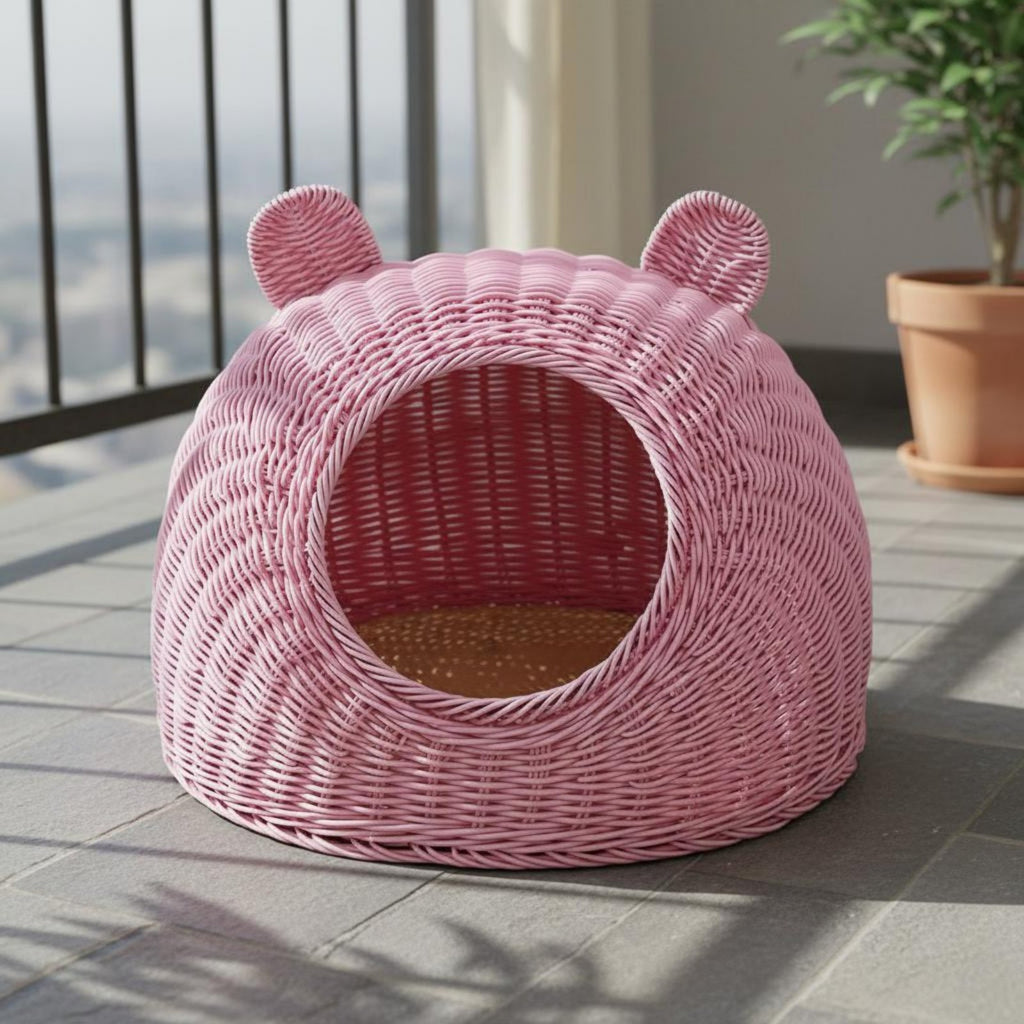 Woven Cat Bed Washable Rattan Cat Nest Pet House for Balcony, Patio