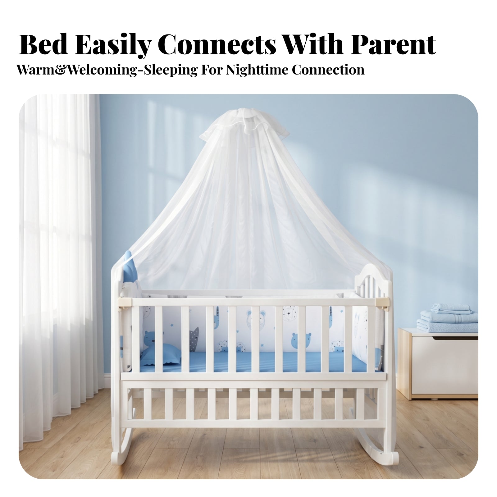 Bug Net Canopy Nursery Rocking Cradle Caster Wheels Rocking Cradle Padded Mattress for Babies, Toddlers