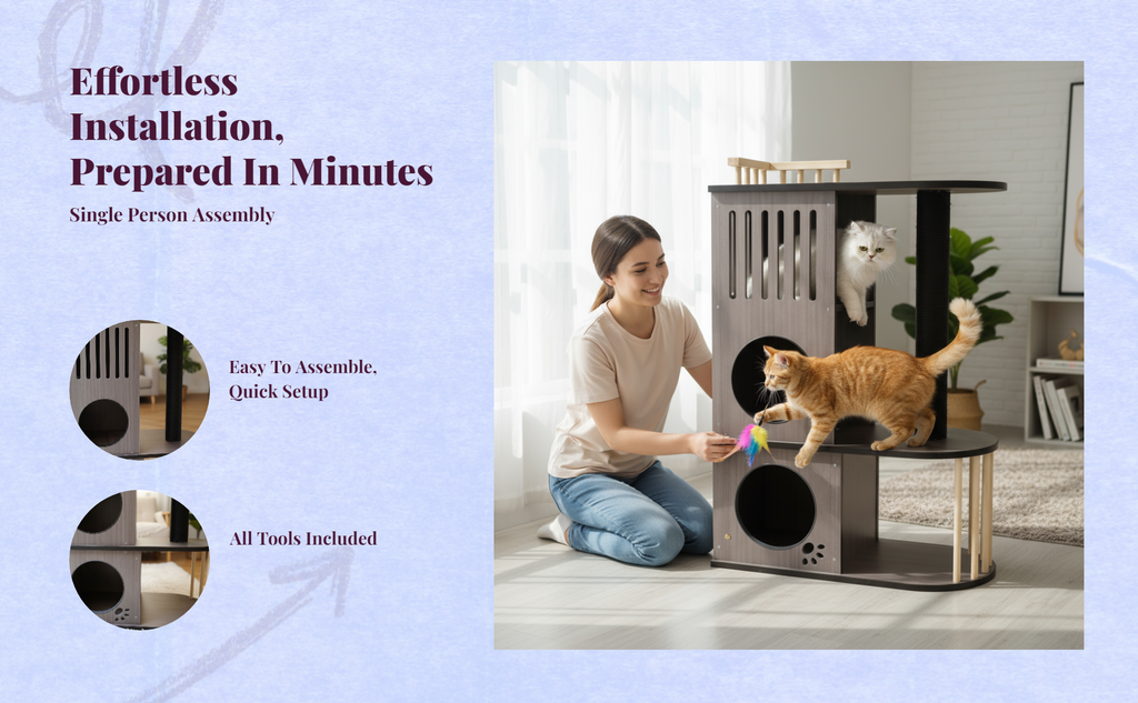 Cat tree with condo, scratching post, and rest area