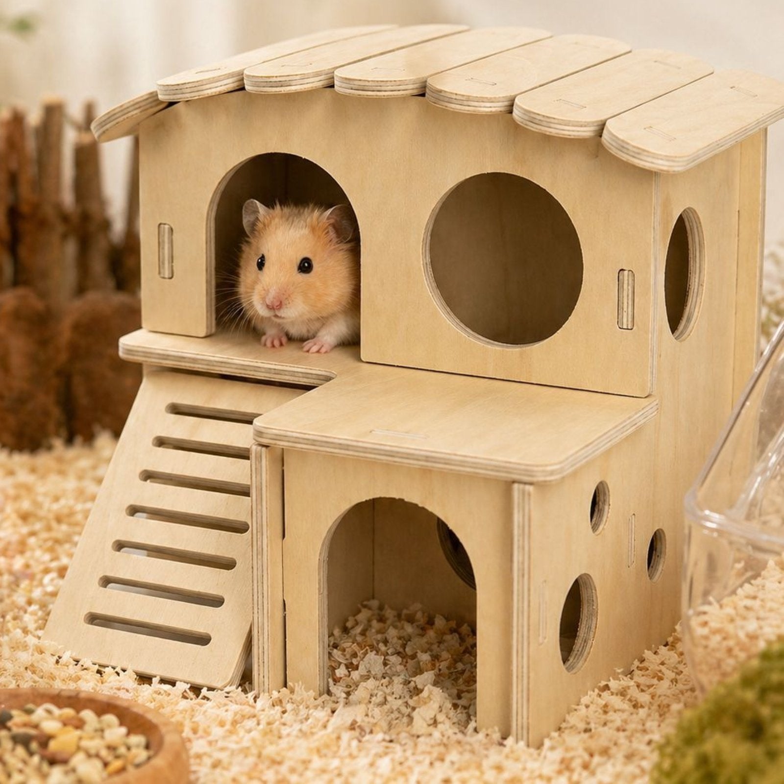 Double-Decker Hamster House Multi-Functional Stairs Wooden Pet Hut Natural Wood