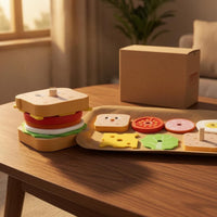 Wooden Sandwich Stacking Toy Cartoon Face Pretend Play Sandwich Rounded Corners